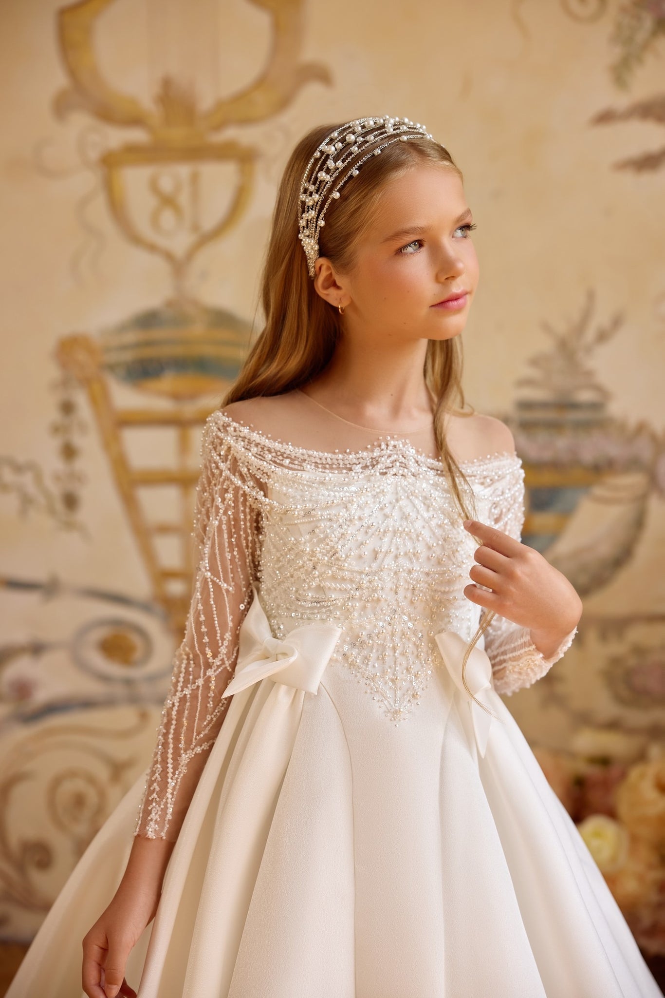 Pentelei 3823 regal beaded gown with sheer sleeves | Girls Formal Dress
