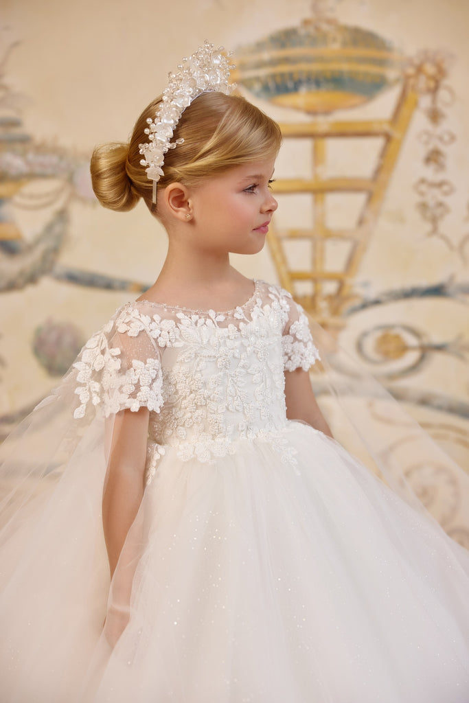 Pentelei 3825 embroidered gown with sheer sleeves and buttoned back | Girls Formal Dress