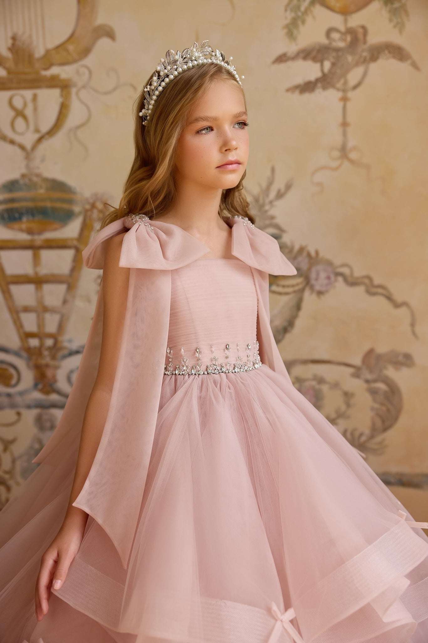 Pentelei 3826 tiered layer ballgown with bow accents | Girls Formal Dress