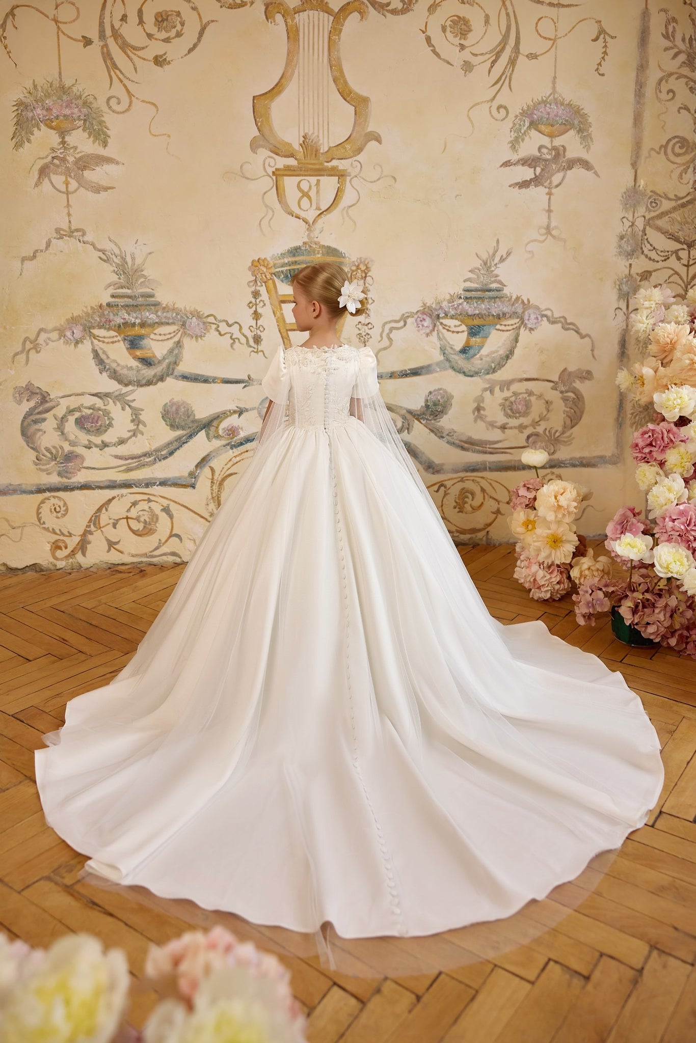 Pentelei 3828 structured gown with embroidery and button back | Girls Formal Dress