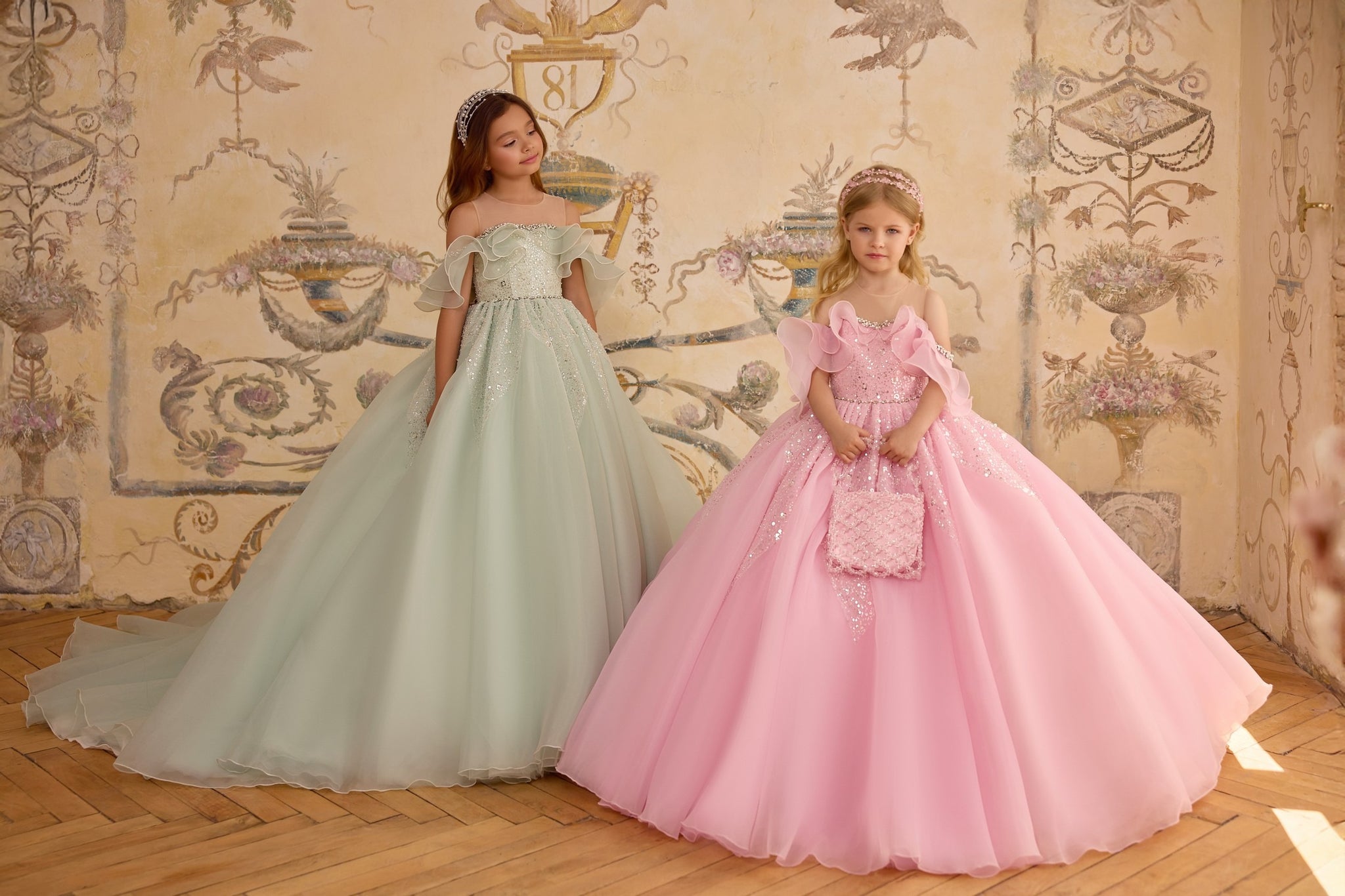 Pentelei 3830 off-shoulder princess gown with sparkling skirt | Girls Formal Dress