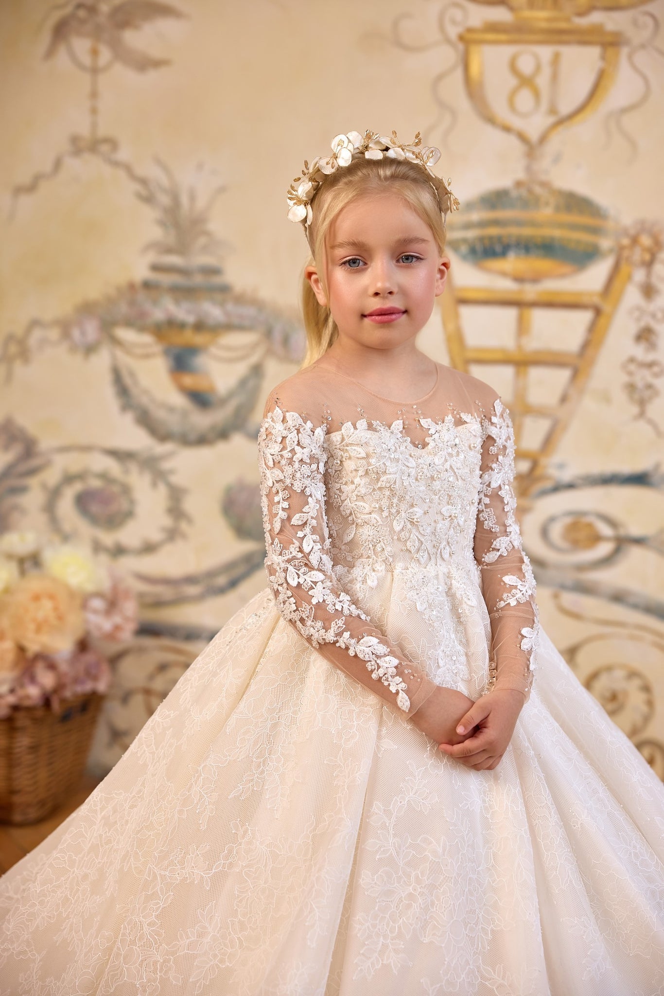 Pentelei 3831 floral applique gown with illusion back | Girls Formal Dress