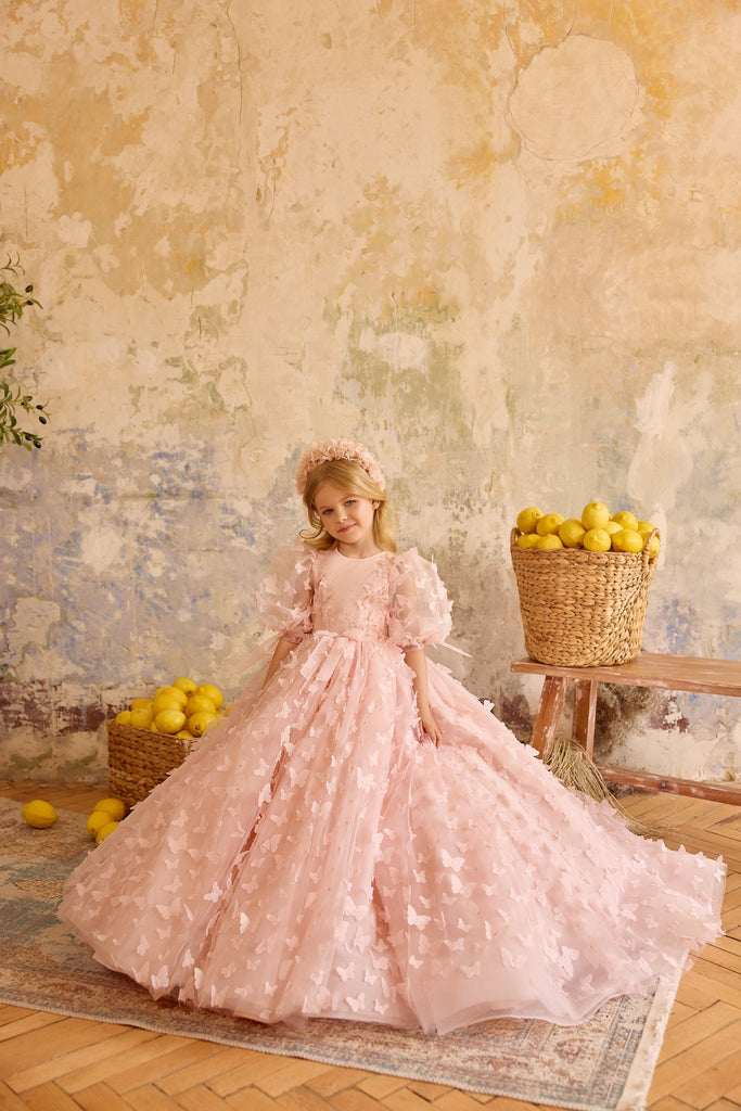 Pentelei 3835 butterfly applique gown with puffed sleeves | Girls Formal Dress