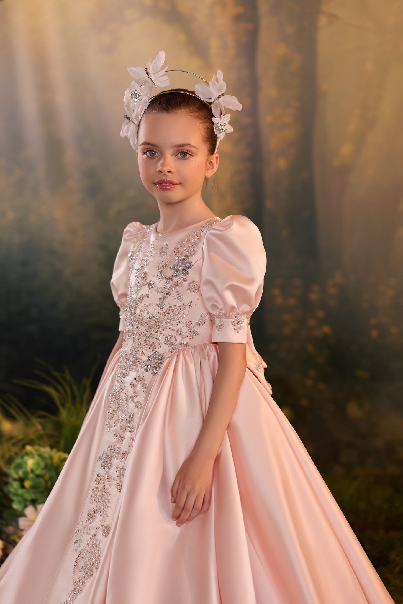 Pentelei 3941 long ball gown with puff sleeves, embellished bodice, and full skirt | Girls Formal Dress