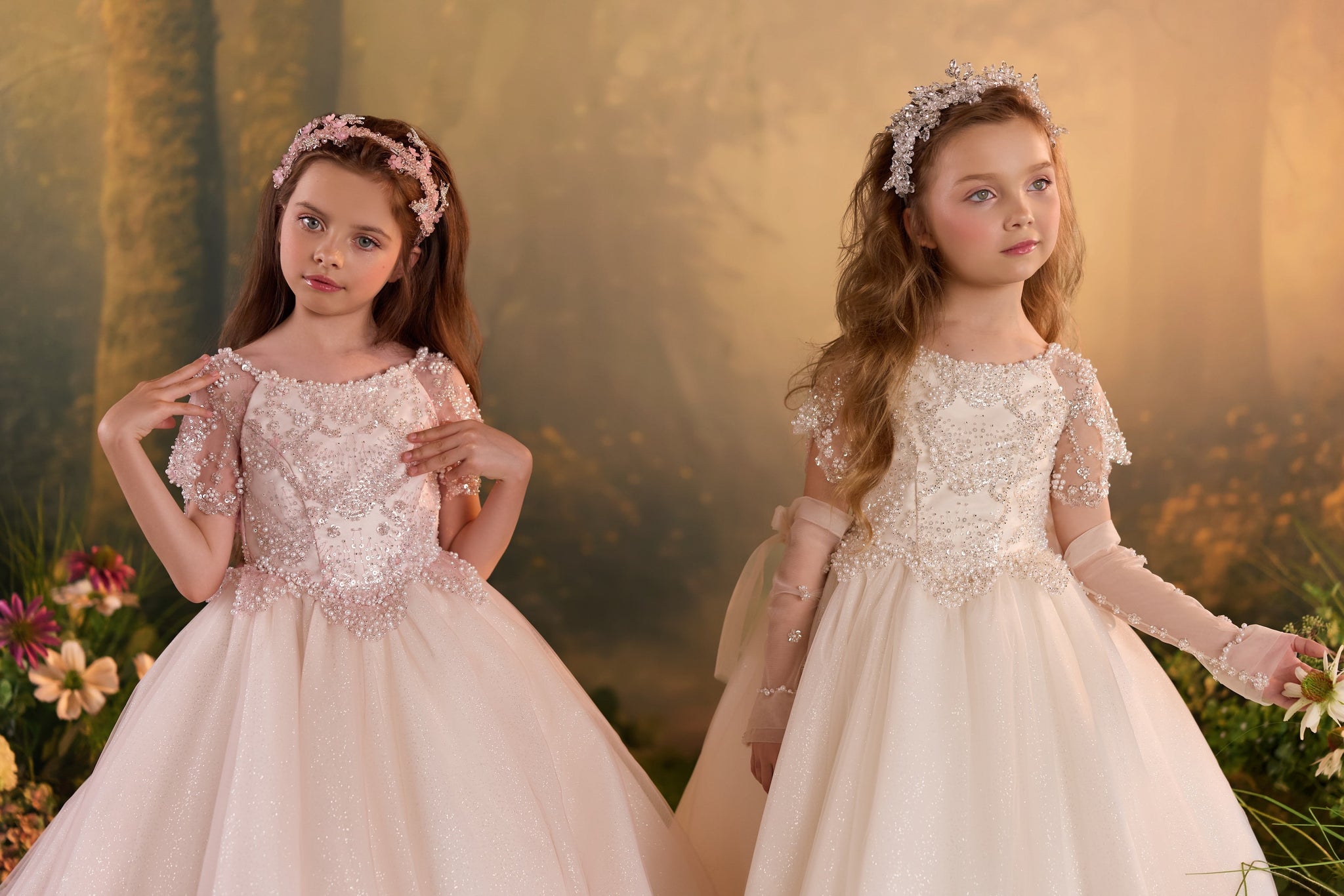 Close view of Pentelei 3943 gowns with pearl-like and crystal-style bodice detailing | Girls Formal Dress