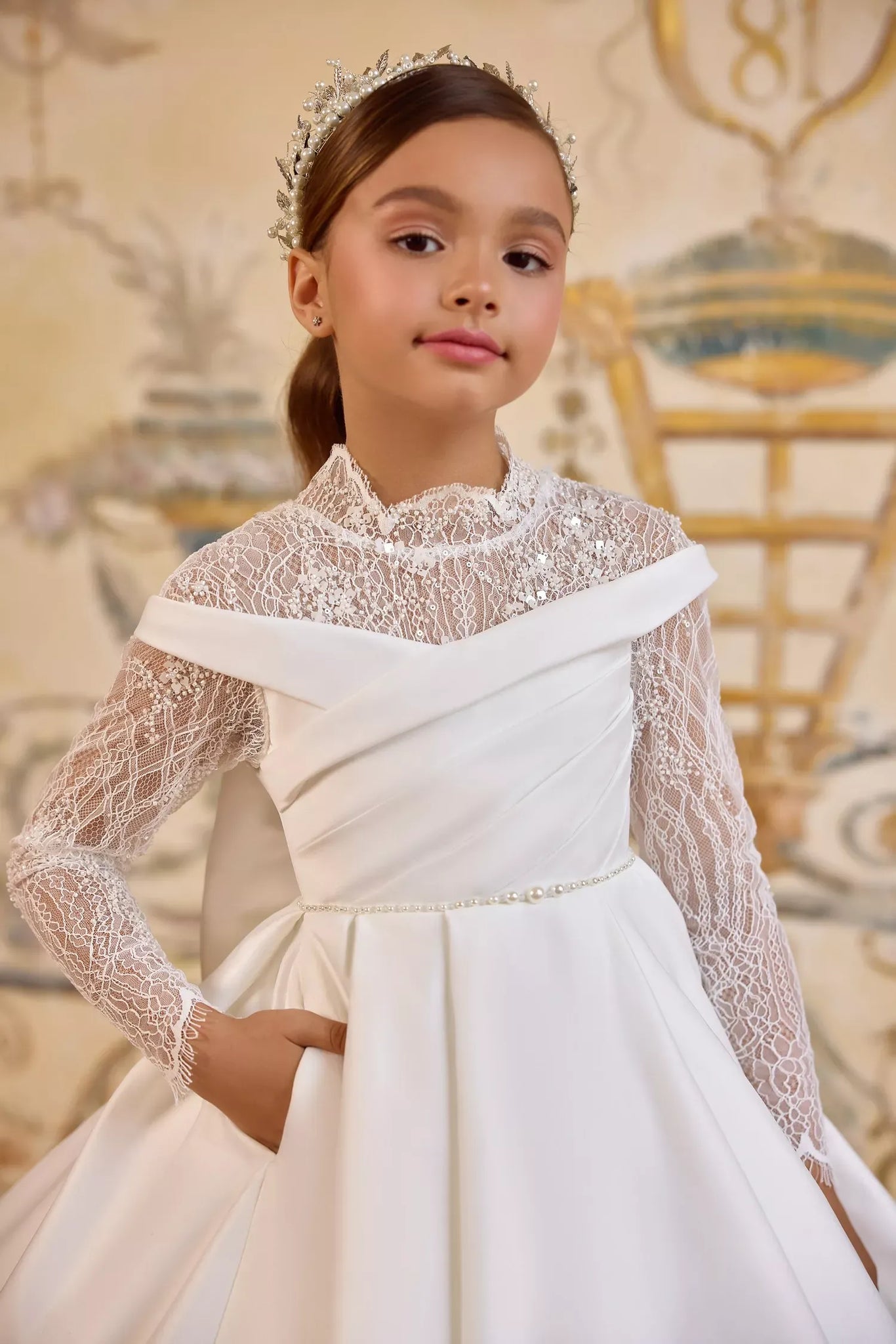 Pentelei 3817 refined gown with pleated bodice and bow back | Girls Formal Dress
