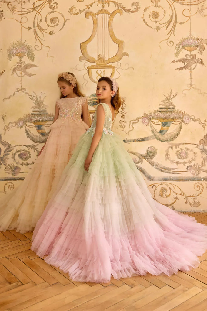Pentelei 3822 ombre ruffle gown with embellished gloves | Girls Formal Dress