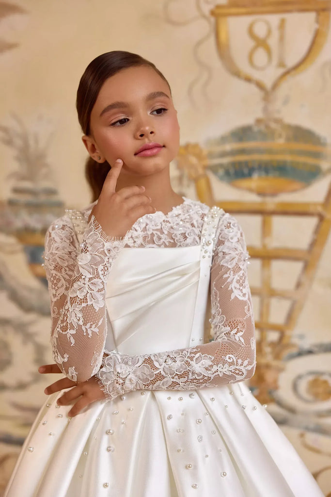 Pentelei 3827 pearl embellished ballgown with lace sleeves | Girls Formal Dress