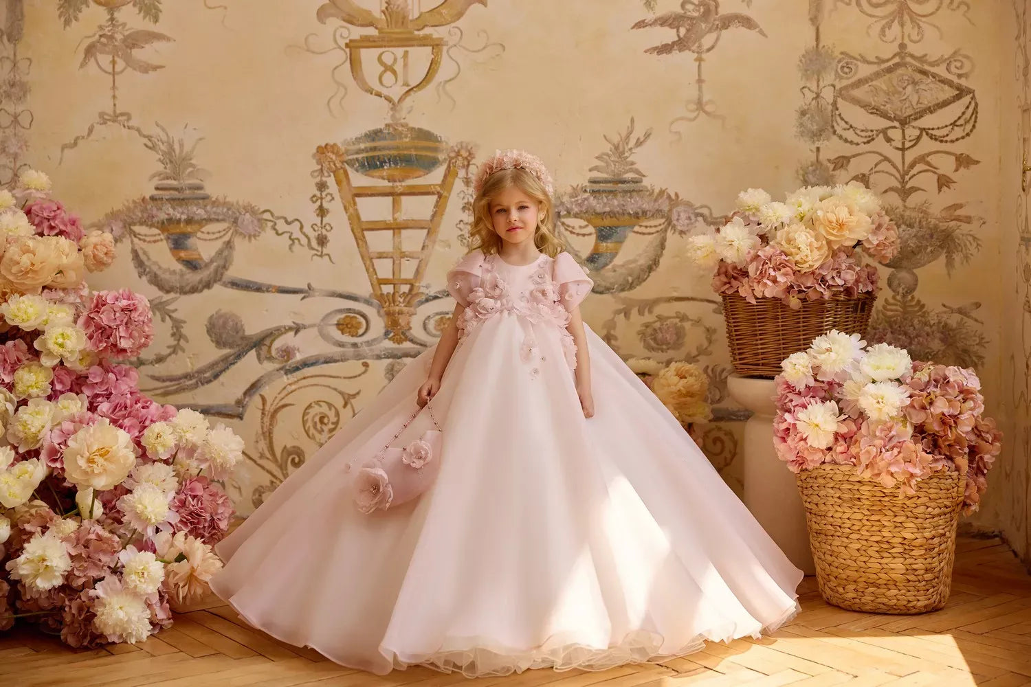 Pentelei 3829 floral applique ball gown with button back | Girls Formal Dress