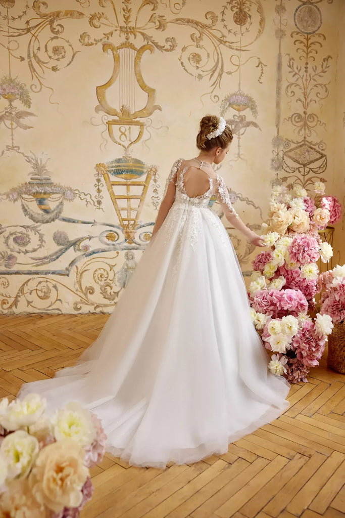 Pentelei 3832 floral applique gown with sheer neckline and open back | Girls Formal Dress