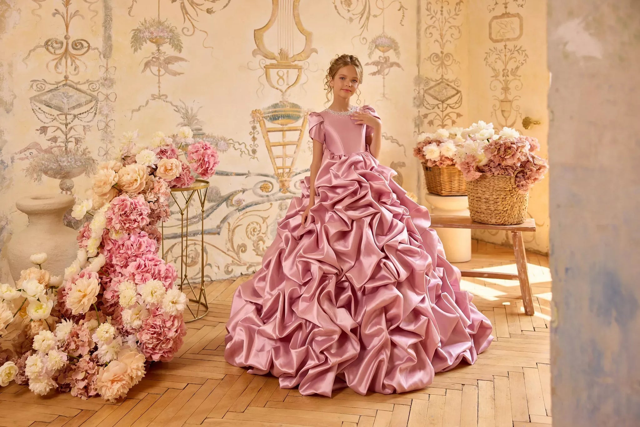 Pentelei 3833 ruffled statement gown with puff sleeves | Girls Formal Dress