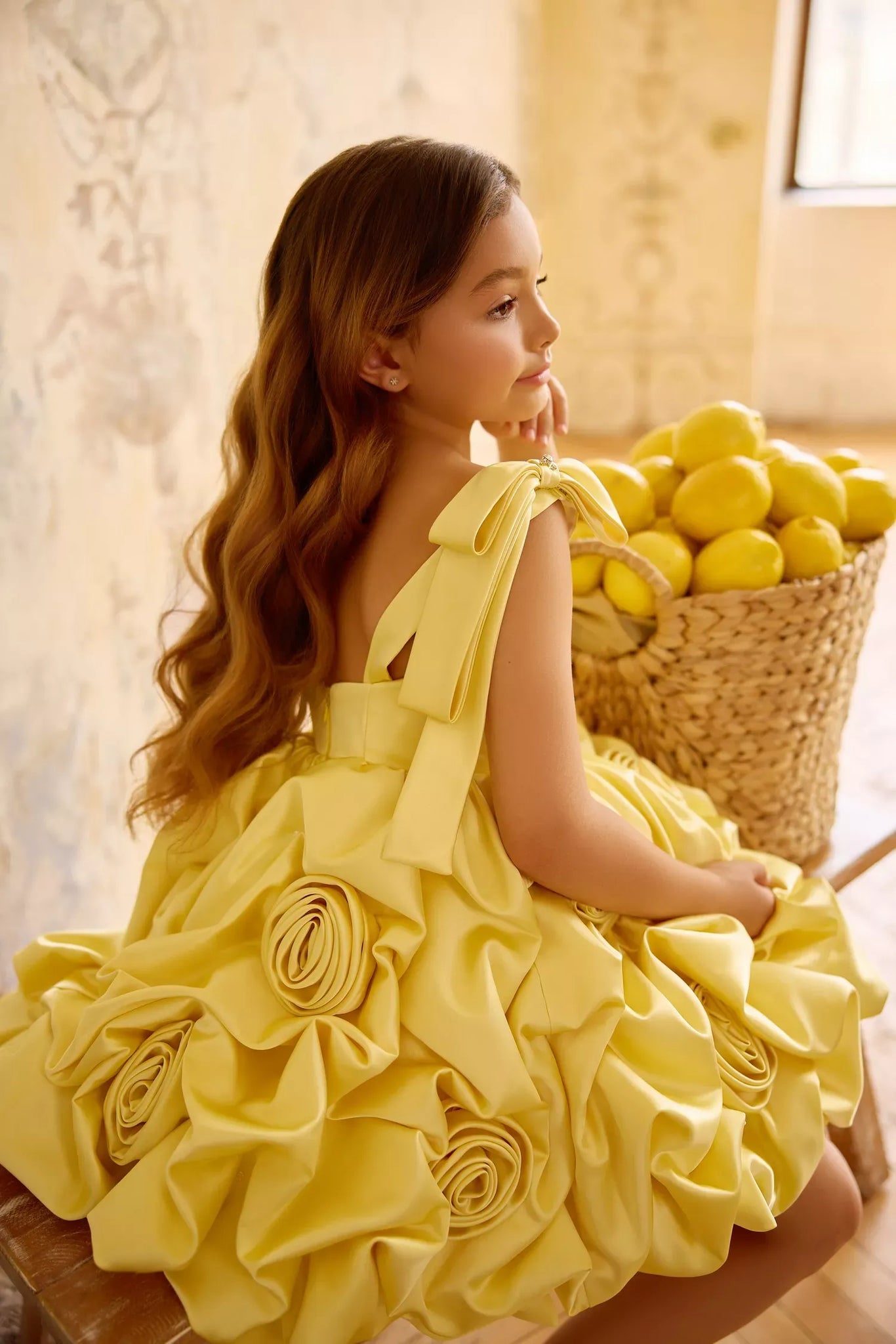 Pentelei 3834 rosette ruffled dress with bow shoulders | Girls Formal Dress