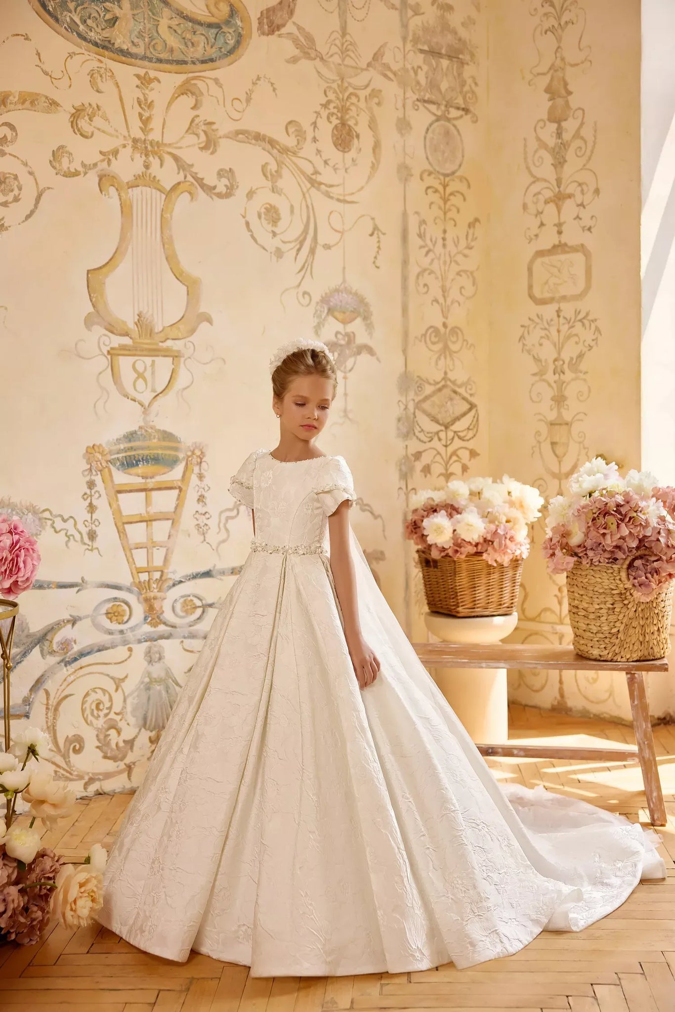 Pentelei 3836 puff sleeve gown with detachable cape | Girls Formal Dress