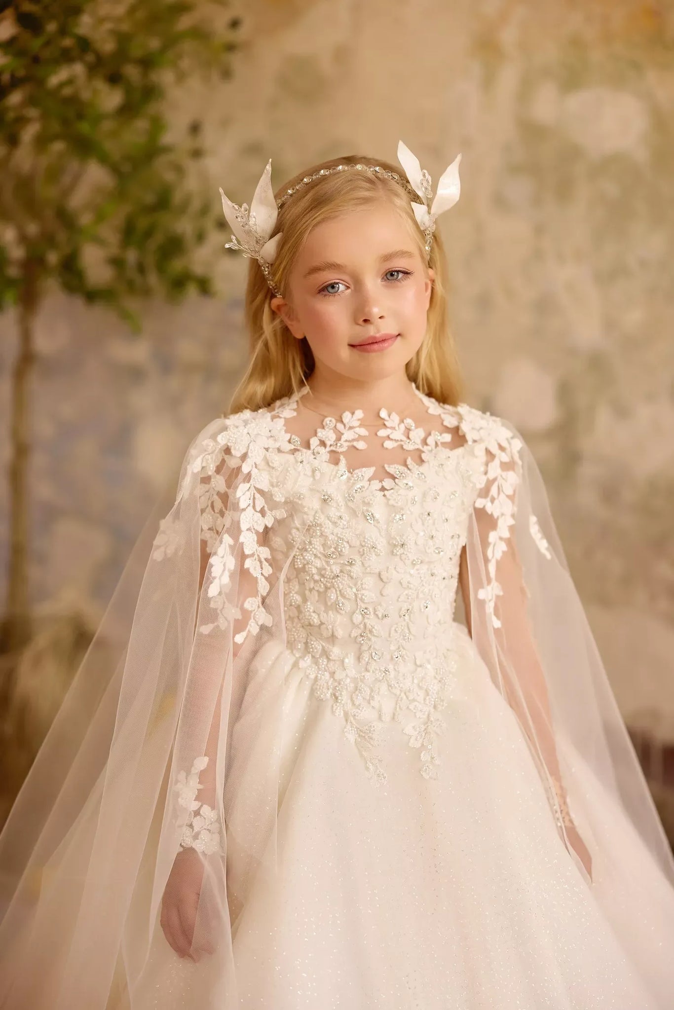 Pentelei 3837 fairytale gown with floral applique and cape | Girls Formal Dress