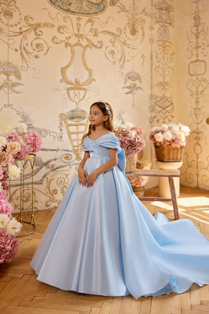 Pentelei 3839 off-shoulder gown with oversized bow | Girls Formal Dress