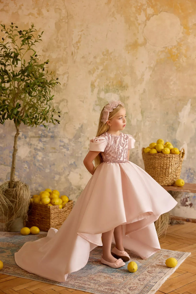 Pentelei 3843 embellished gown with structured sleeves and train | Girls Formal Dress