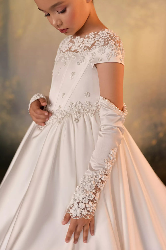 Pentelei 3942 ball gown shown with lace-trimmed cape and long train | Girls Formal Dress