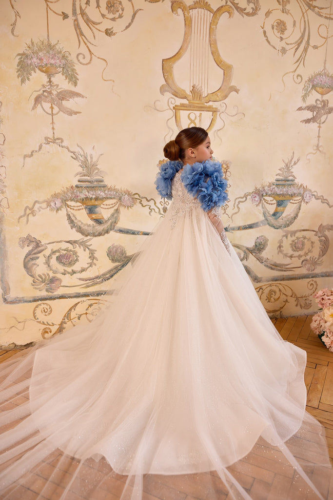 Pentelei 3803 regal ball gown with chapel train and lace sleeves | Girls Formal Dress