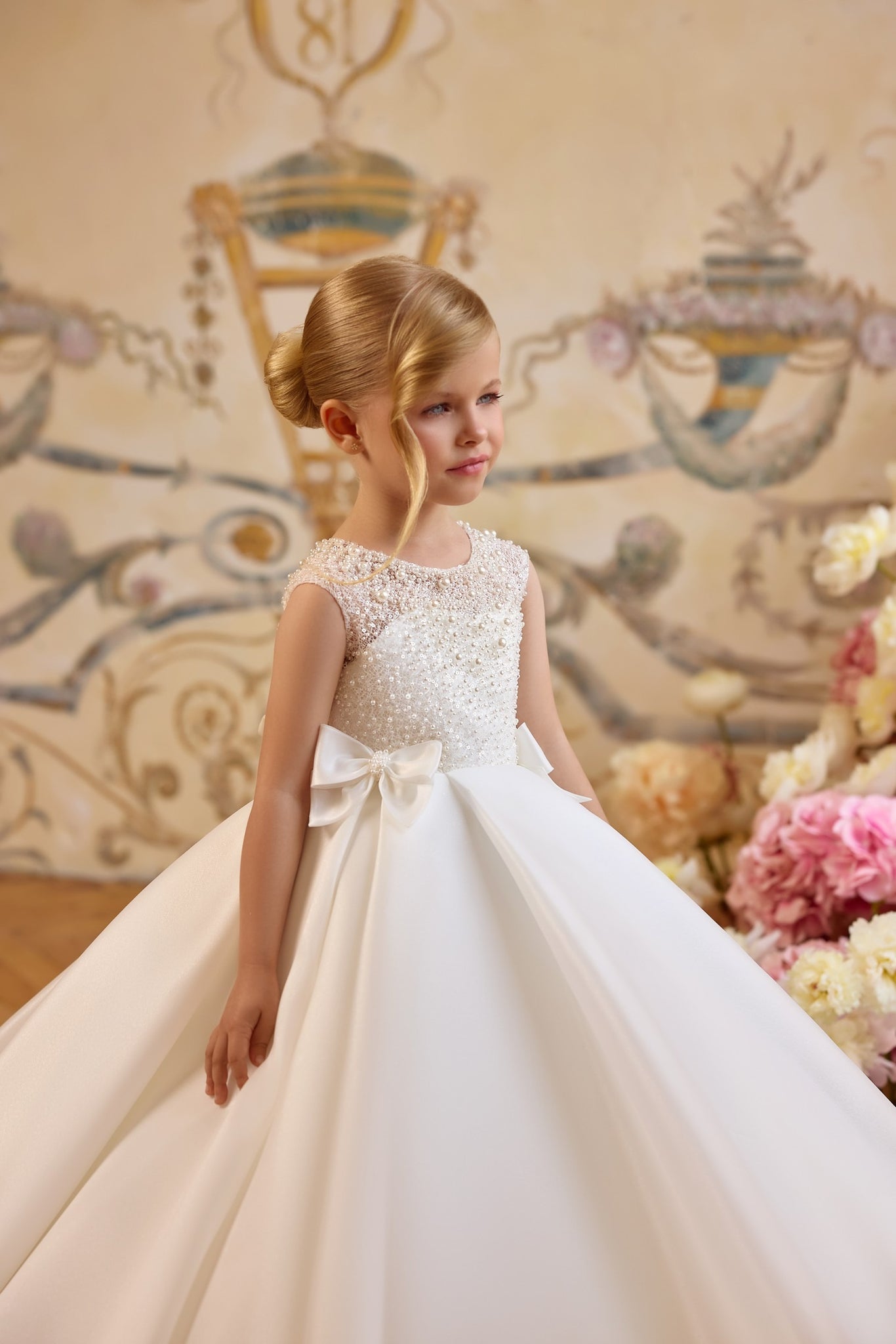 Pentelei 3809 pearl bodice gown with illusion neckline and bows | Girls Formal Dress