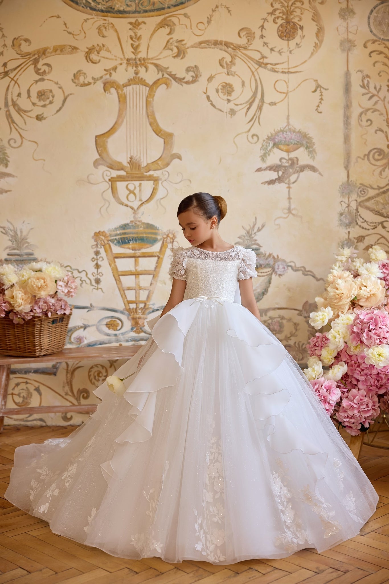 Pentelei 3810 Fairytale Gown with Sequins, Lace & Ruffled Skirt| Marelli Exclusive 5--6 / White (Chantilly Lace Replacement)
