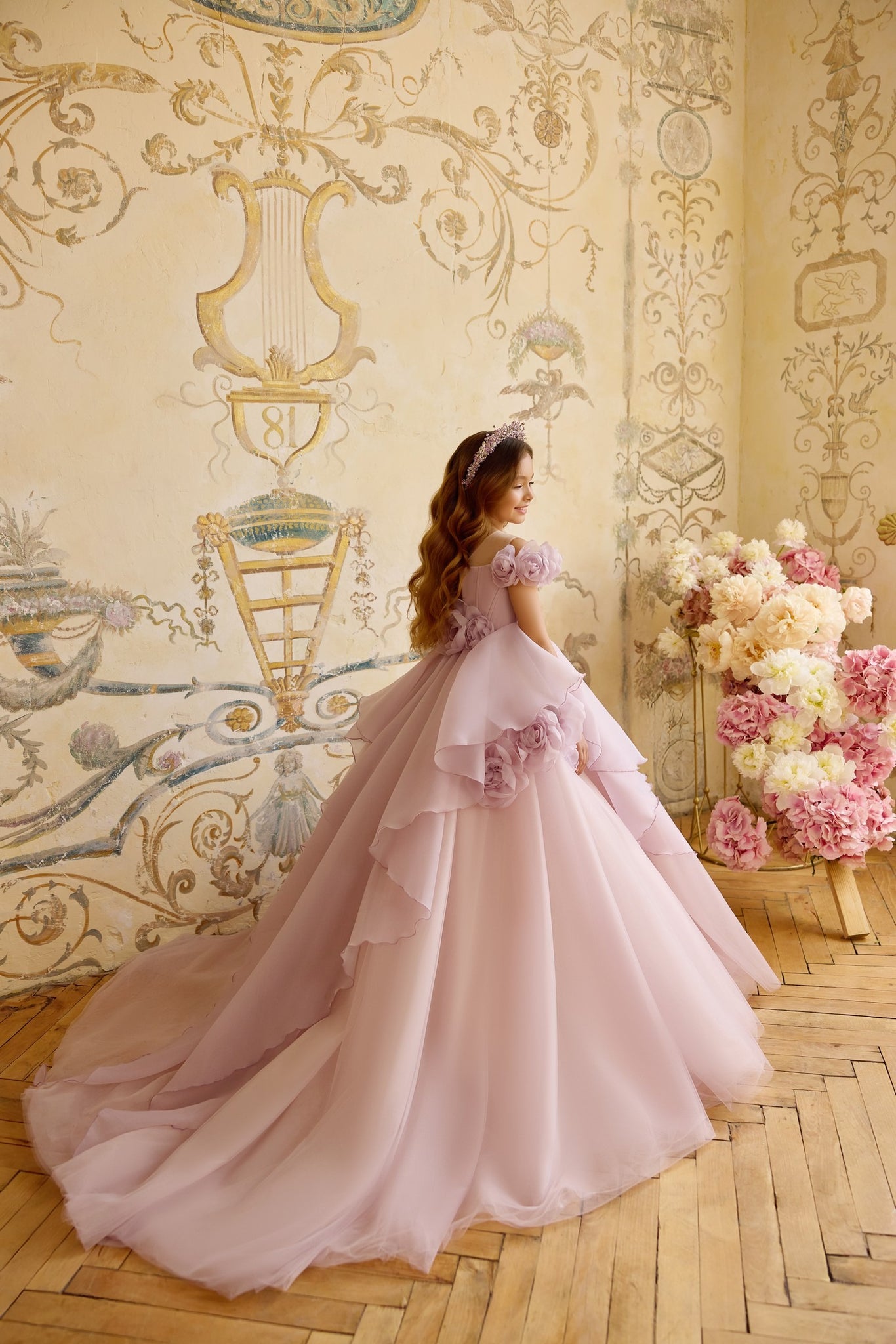 Pentelei 3812 princess gown with floral applique and train | Girls Formal Dress
