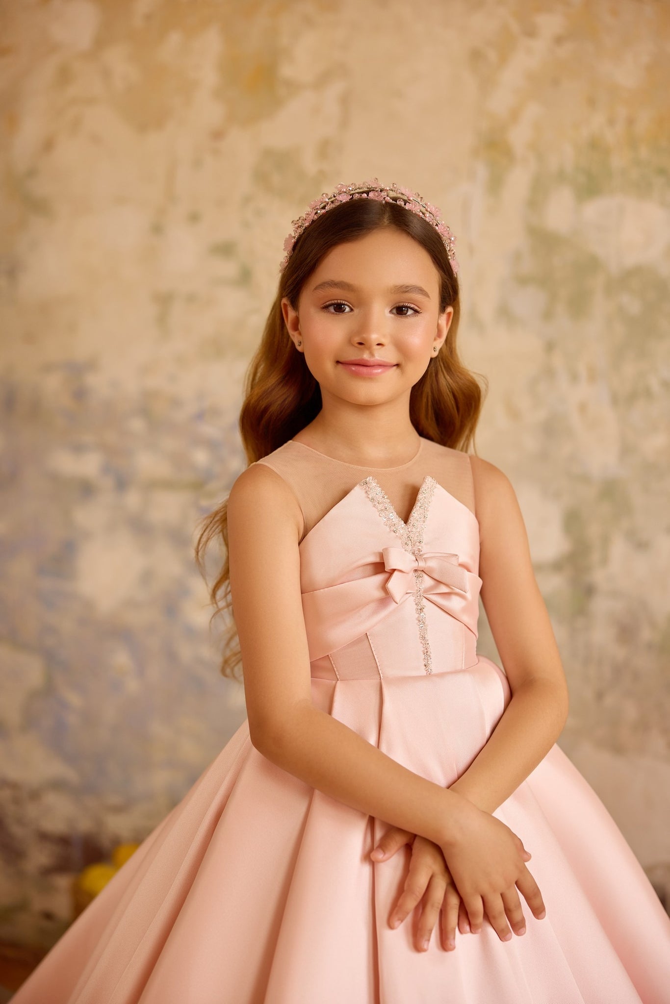 Pentelei 3813 elegant ball gown with illusion neckline and train | Girls Formal Dress