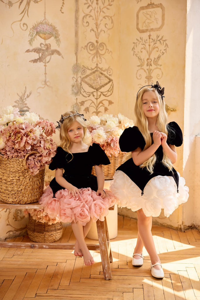 Pentelei 3814 puff sleeve dress with floral applique | Girls Formal Dress