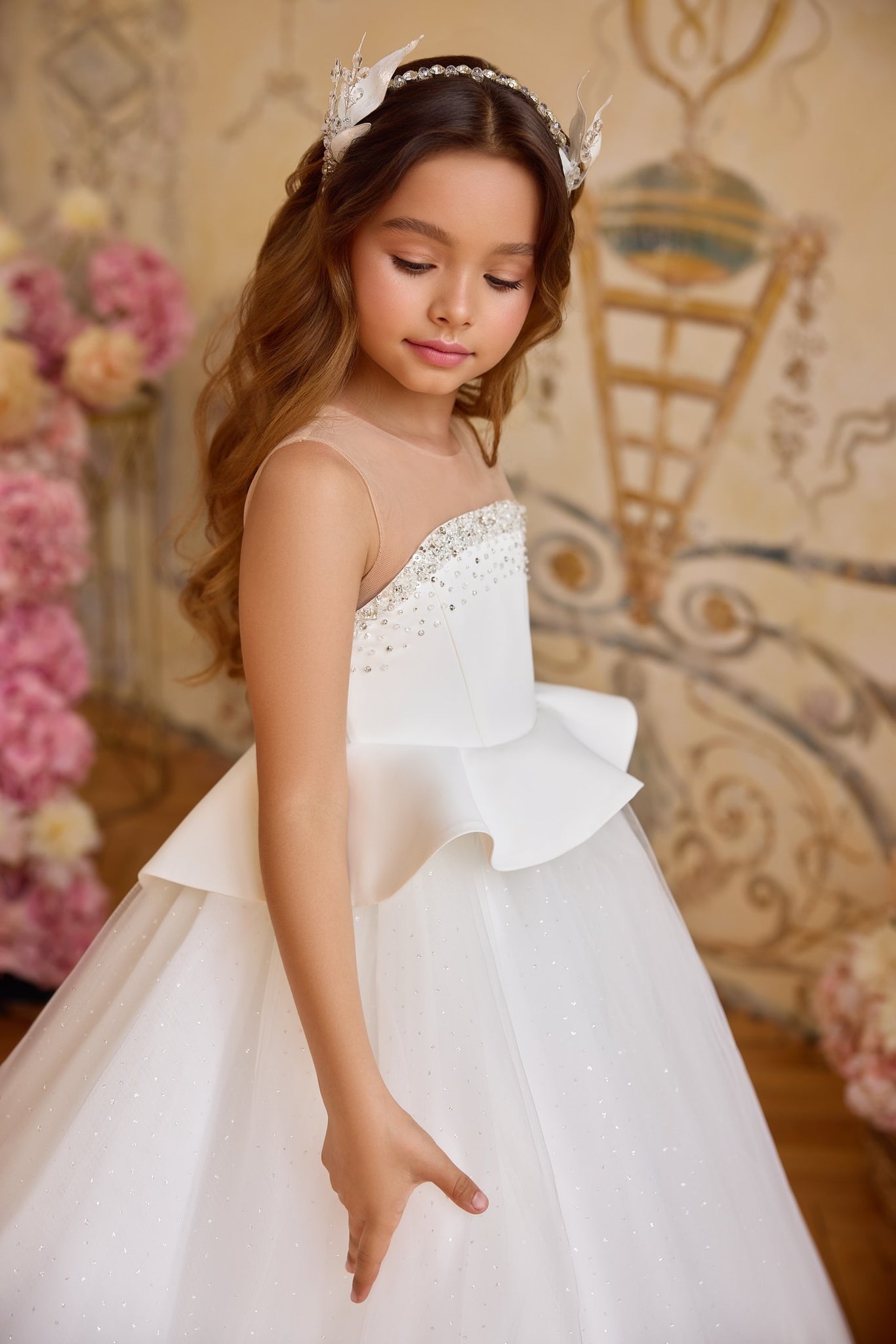 Pentelei 3815 ball gown with shimmering embellishments and peplum waist | Girls Formal Dress