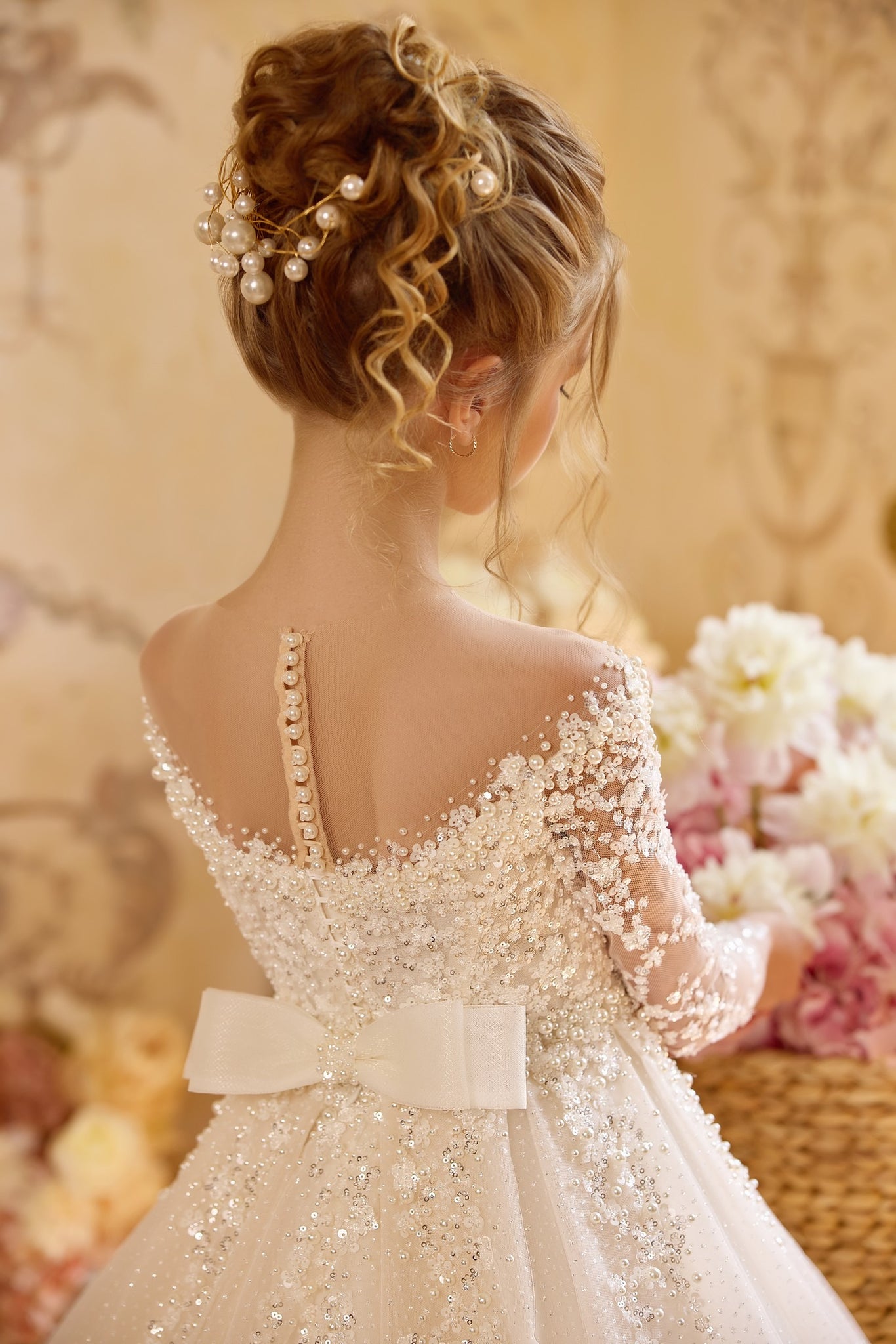 Pentelei 3820 elegant gown with floral applique and pearl buttons | Girls Formal Dress