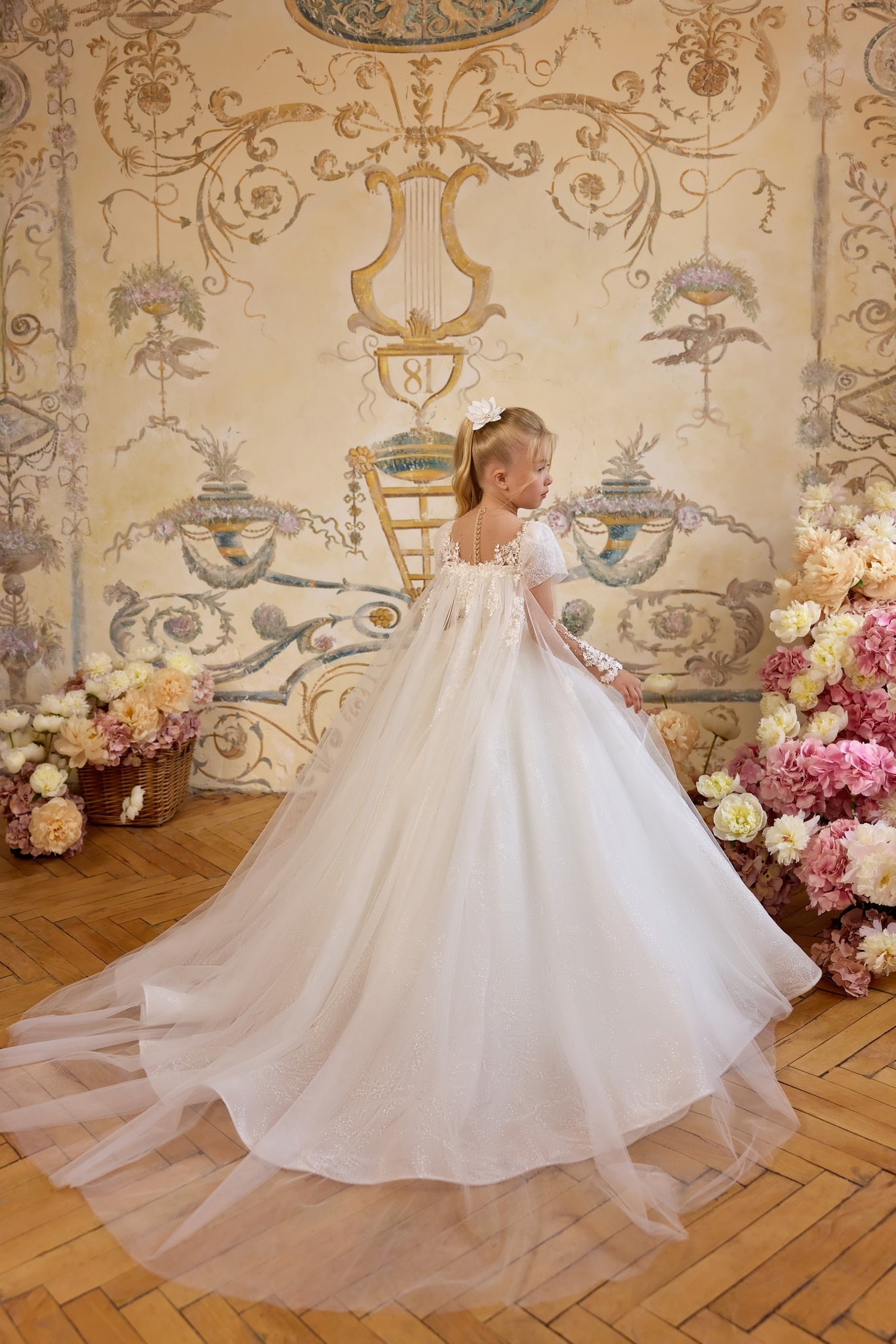 Pentelei 3821 floral applique gown with puff sleeves and train | Girls Formal Dress