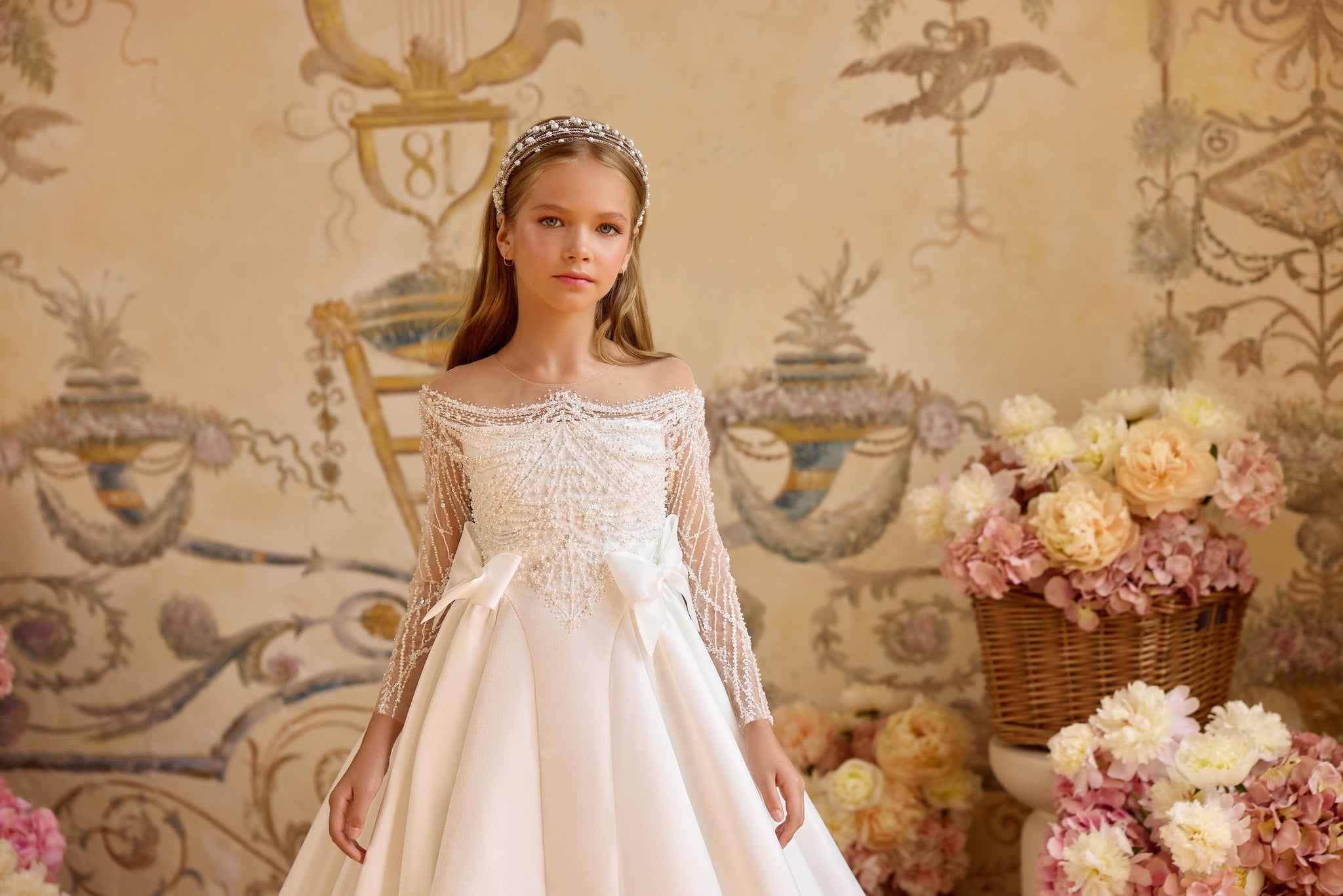 Pentelei 3823 regal beaded gown with sheer sleeves | Girls Formal Dress