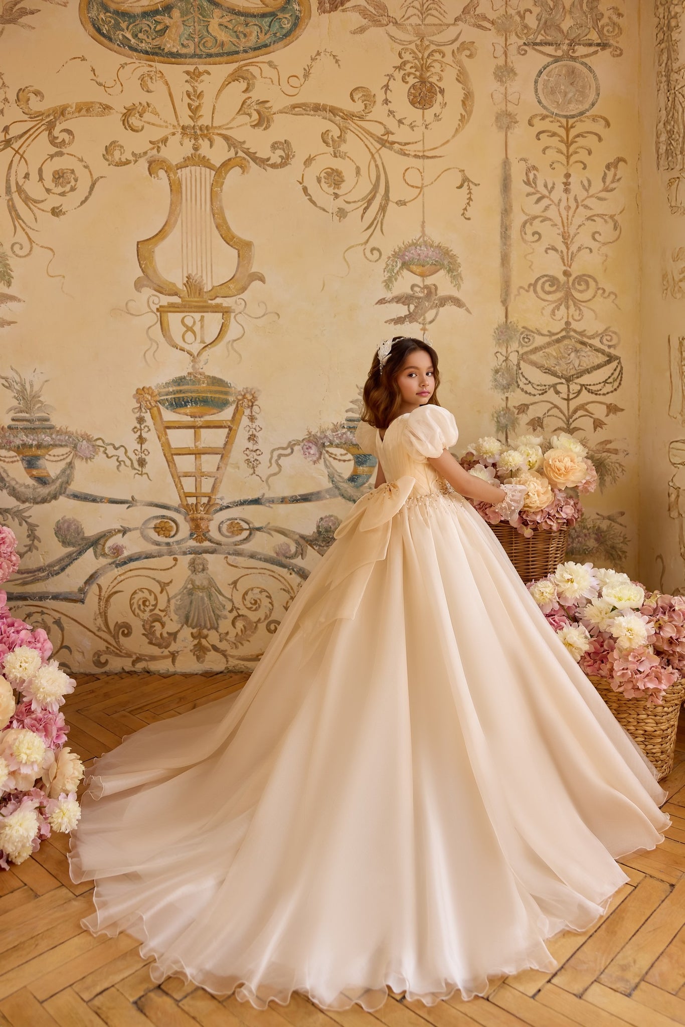 Pentelei 3824 puff sleeve gown with vertical beadwork | Girls Formal Dress