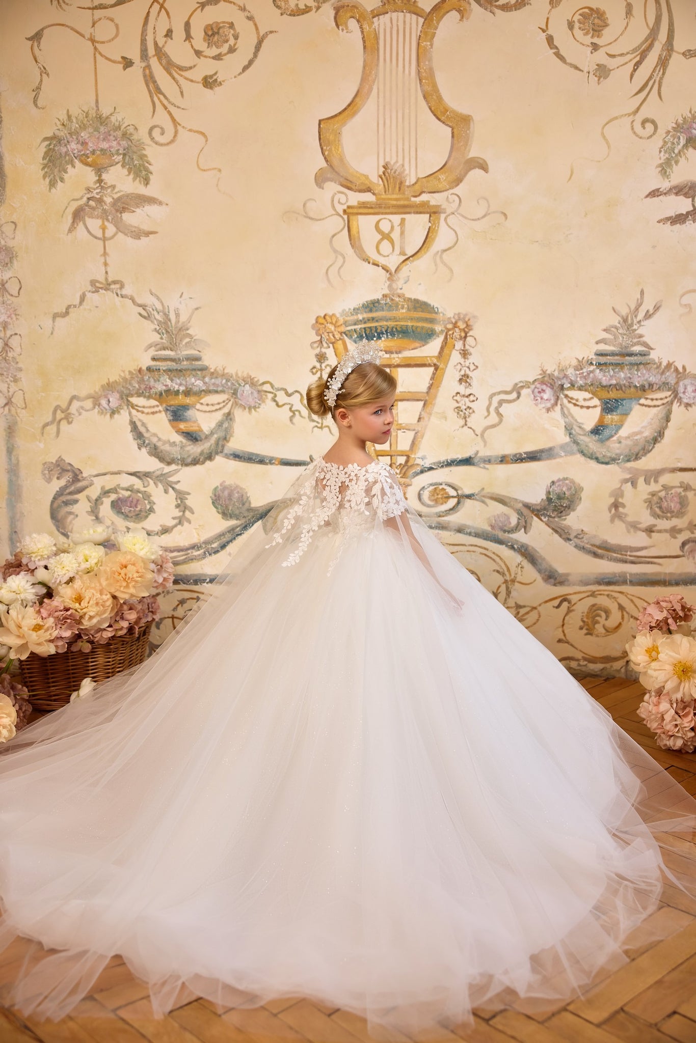 Pentelei 3825 embroidered gown with sheer sleeves and buttoned back | Girls Formal Dress