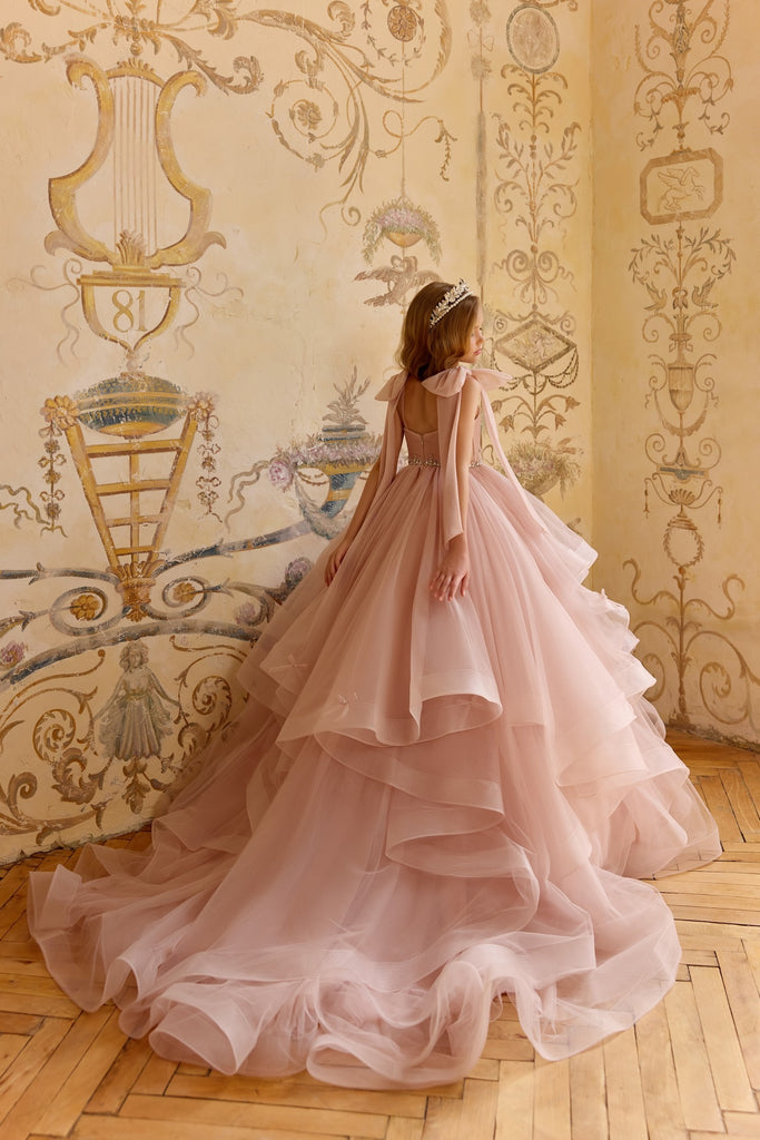 Pentelei 3826 tiered layer ballgown with bow accents | Girls Formal Dress