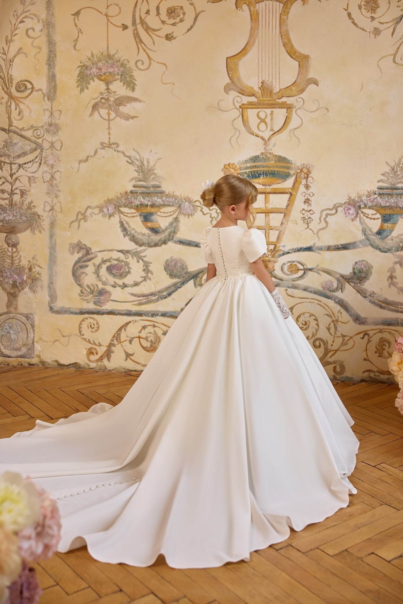 Pentelei 3828 structured gown with embroidery and button back | Girls Formal Dress