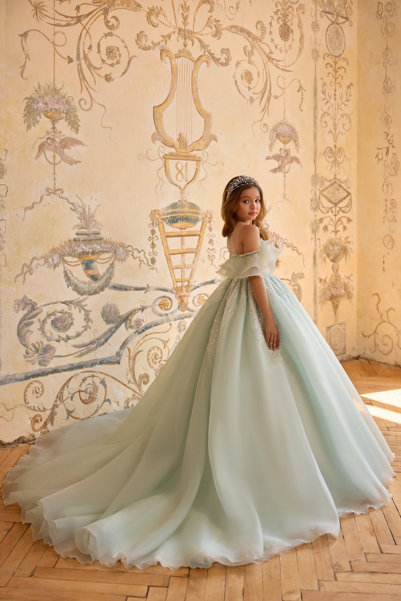 Pentelei 3830 off-shoulder princess gown with sparkling skirt | Girls Formal Dress