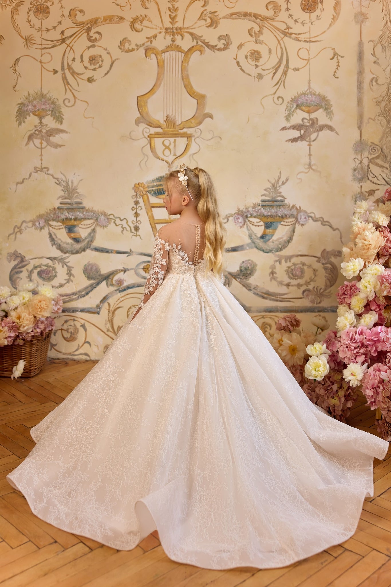 Pentelei 3831 floral applique gown with illusion back | Girls Formal Dress