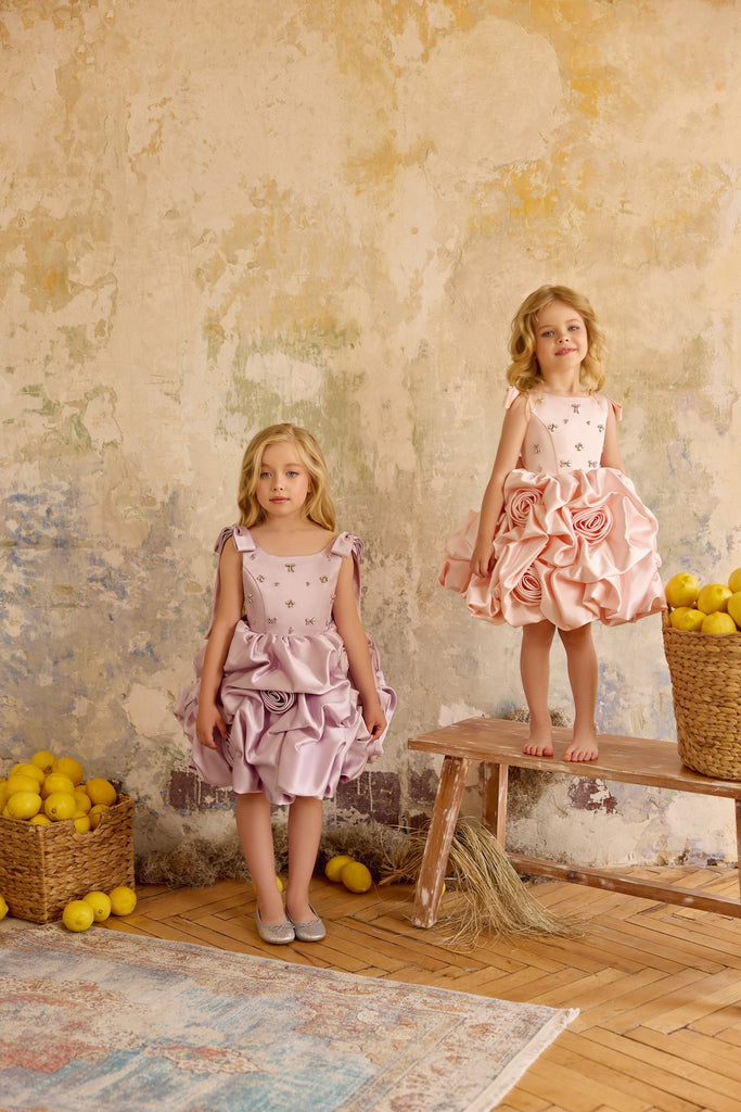 Pentelei 3834 rosette ruffled dress with bow shoulders | Girls Formal Dress