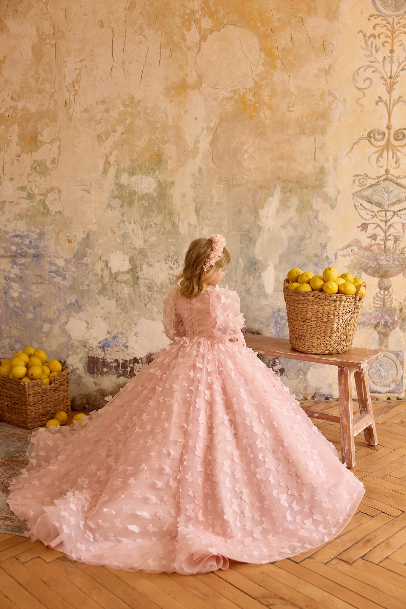 Pentelei 3835 butterfly applique gown with puffed sleeves | Girls Formal Dress
