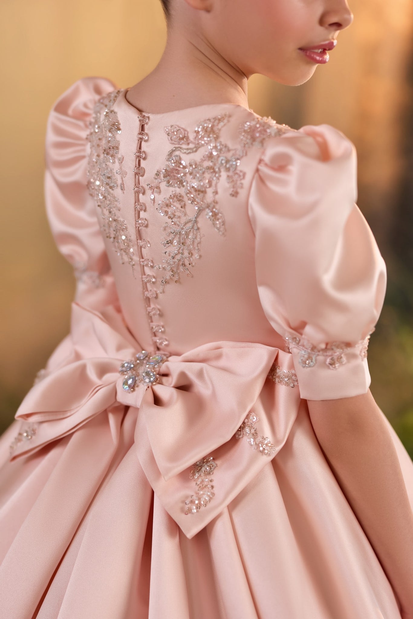 Pentelei 3941 long gown with puff sleeves and shimmering embellishments across the bodice | Girls Formal Dress