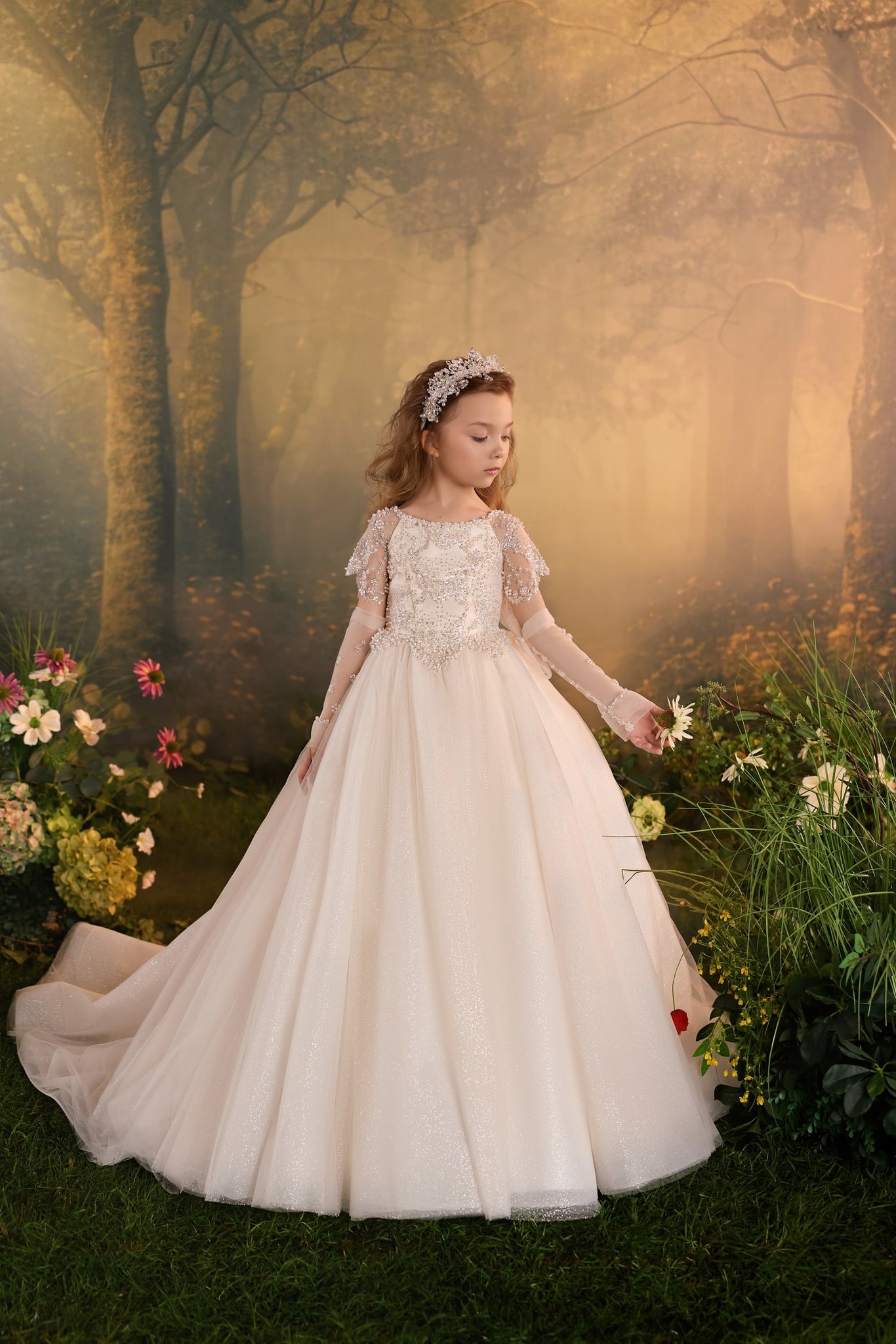 Two Pentelei 3943 ball gowns with pearl-like embellishments and shimmering tulle skirts | Girls Formal Dress