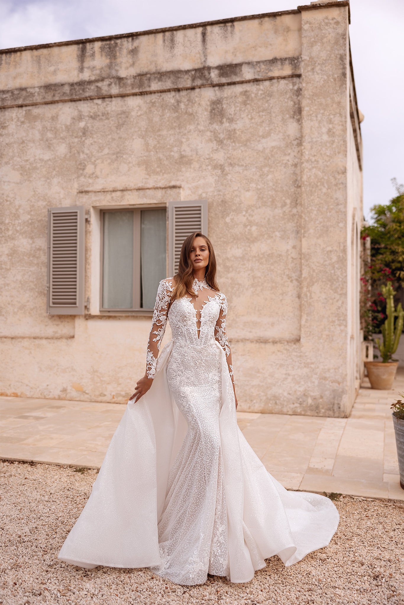 Lace Fitted Wedding Dress with Illusion Sleeves & Detachable Overskirt | Marelli Exclusive 4 / Ivory/Nude (as pictured)