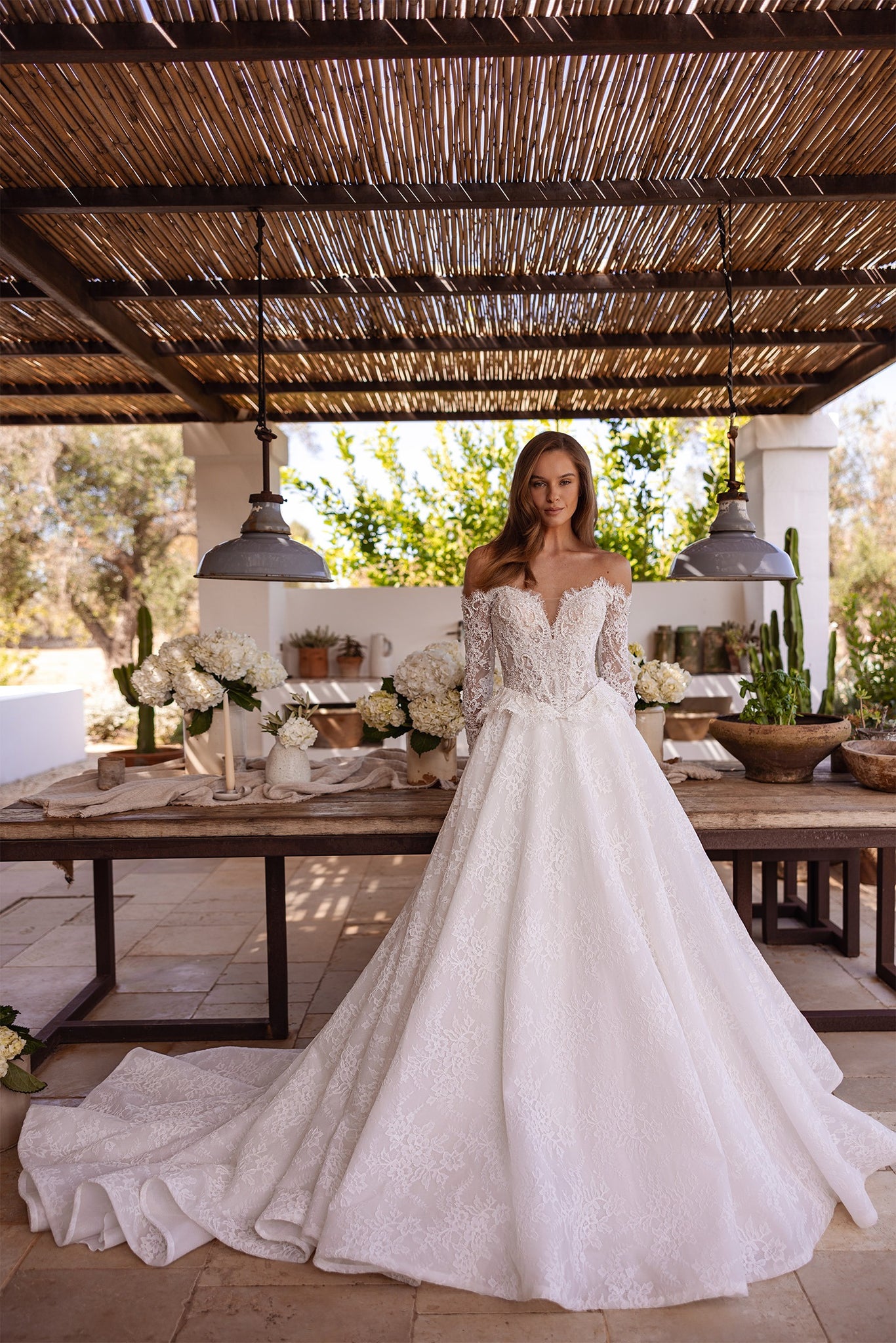 Off-Shoulder Lace Ball Gown with Long Sleeves and detachable Peplum | Marelli Exclusive 6 / Ivory/Nude (as pictured) Off-Shoulder Lace Ball Gown with Long Sleeves and detachable Peplum | Marelli Exclusive 6 / Ivory/Nude (as pictured)