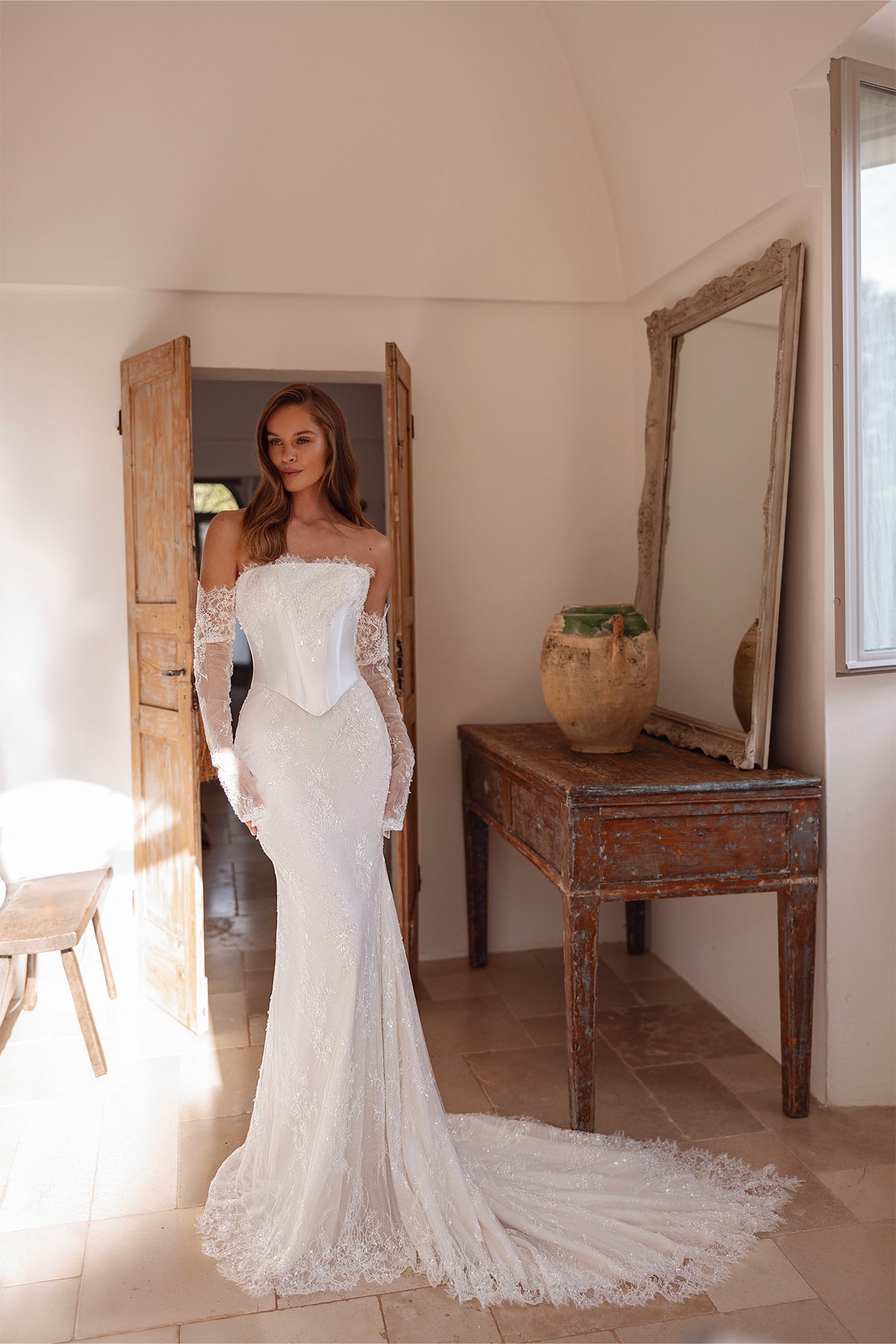 Sheath Mikado Corset Wedding Dress with Detachable Sleeves | Marelli Exclusive 0 / Ivory Sheath Mikado Corset Wedding Dress with Detachable Sleeves | Marelli Exclusive 0 / Ivory