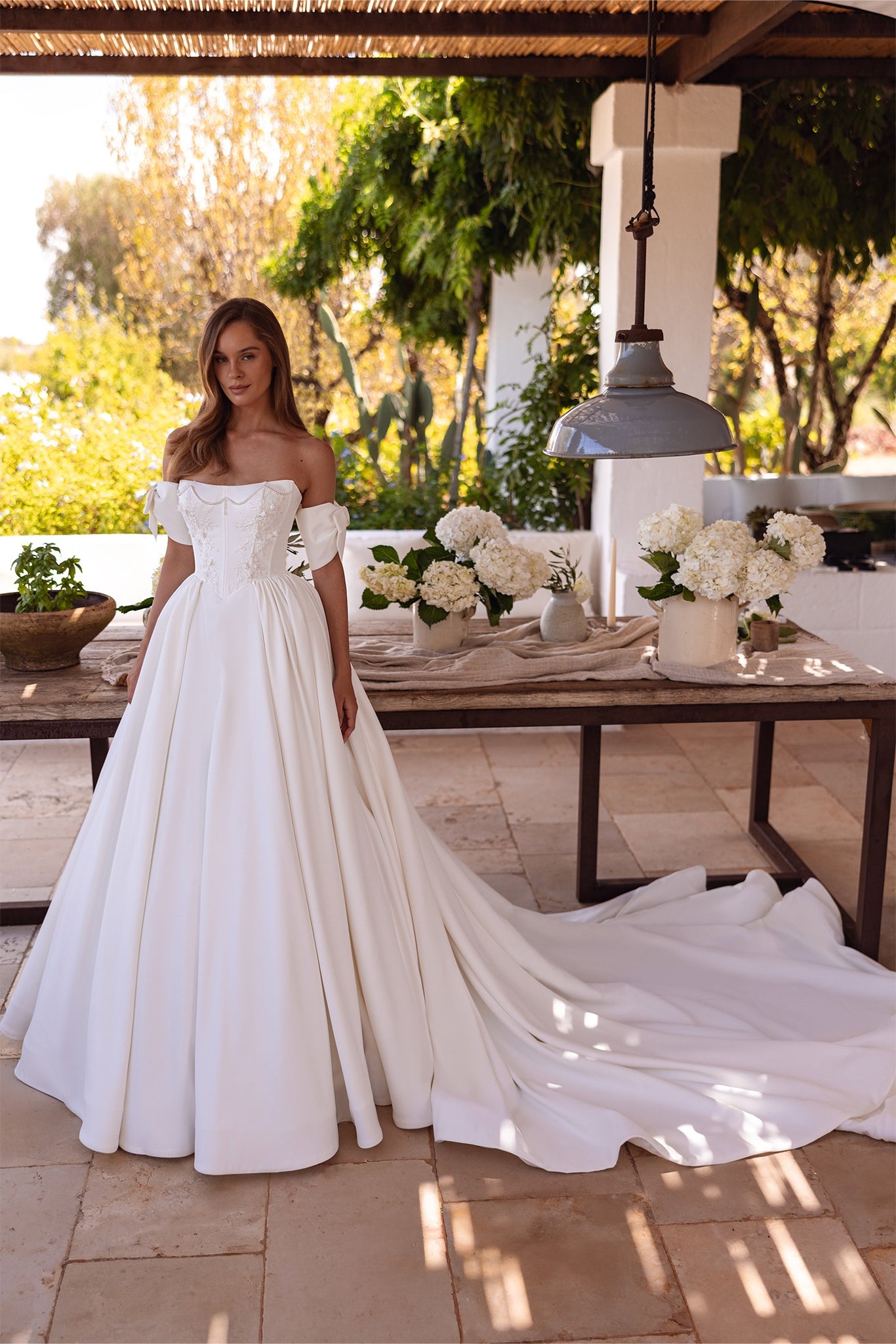 Ivory Satin A-Line Wedding Dress with Pearls & Bows
