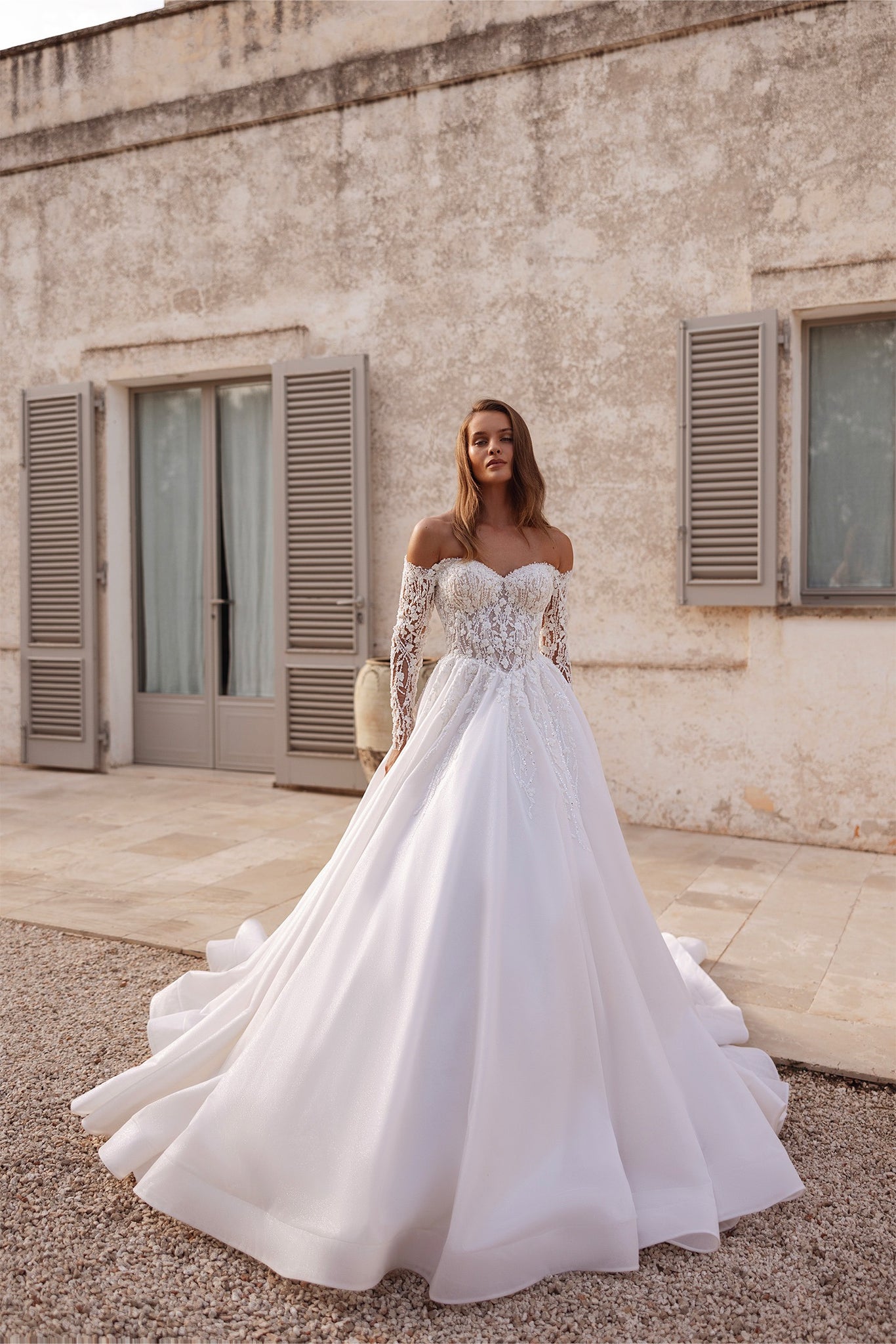 Off-Shoulder Lace Ball Gown with Nude Underlay | Marelli Exclusive 12 / Ivory/Nude (as pictured) Off-Shoulder Lace Ball Gown with Nude Underlay | Marelli Exclusive 12 / Ivory/Nude (as pictured)