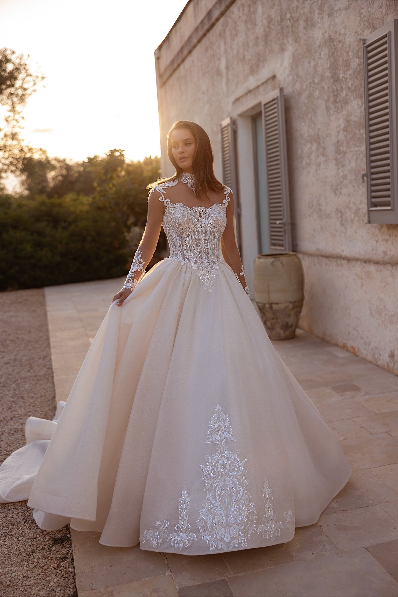 High Neck Ball Gown Wedding Dress with Glitter Tulle & Lace Appliqu | Marelli Exclusive High Neck Ball Gown Wedding Dress with Glitter Tulle & Lace Appliqu | Marelli Exclusive