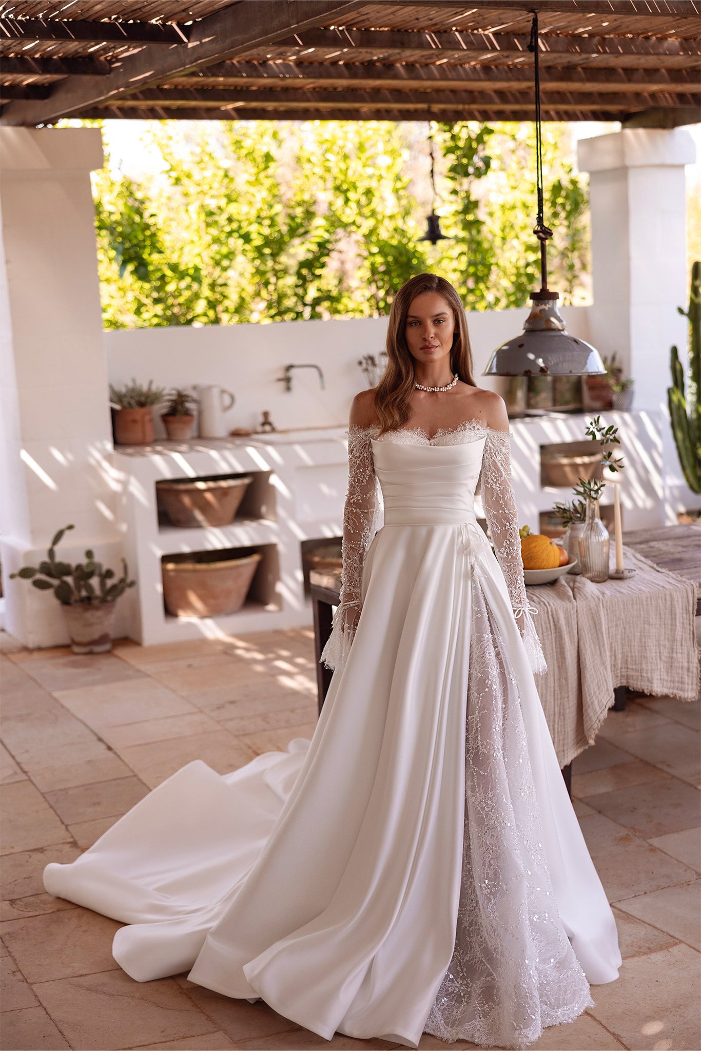 Satin A-Line Off-the-Shoulder Lace Wedding Dress with Sheer Slit