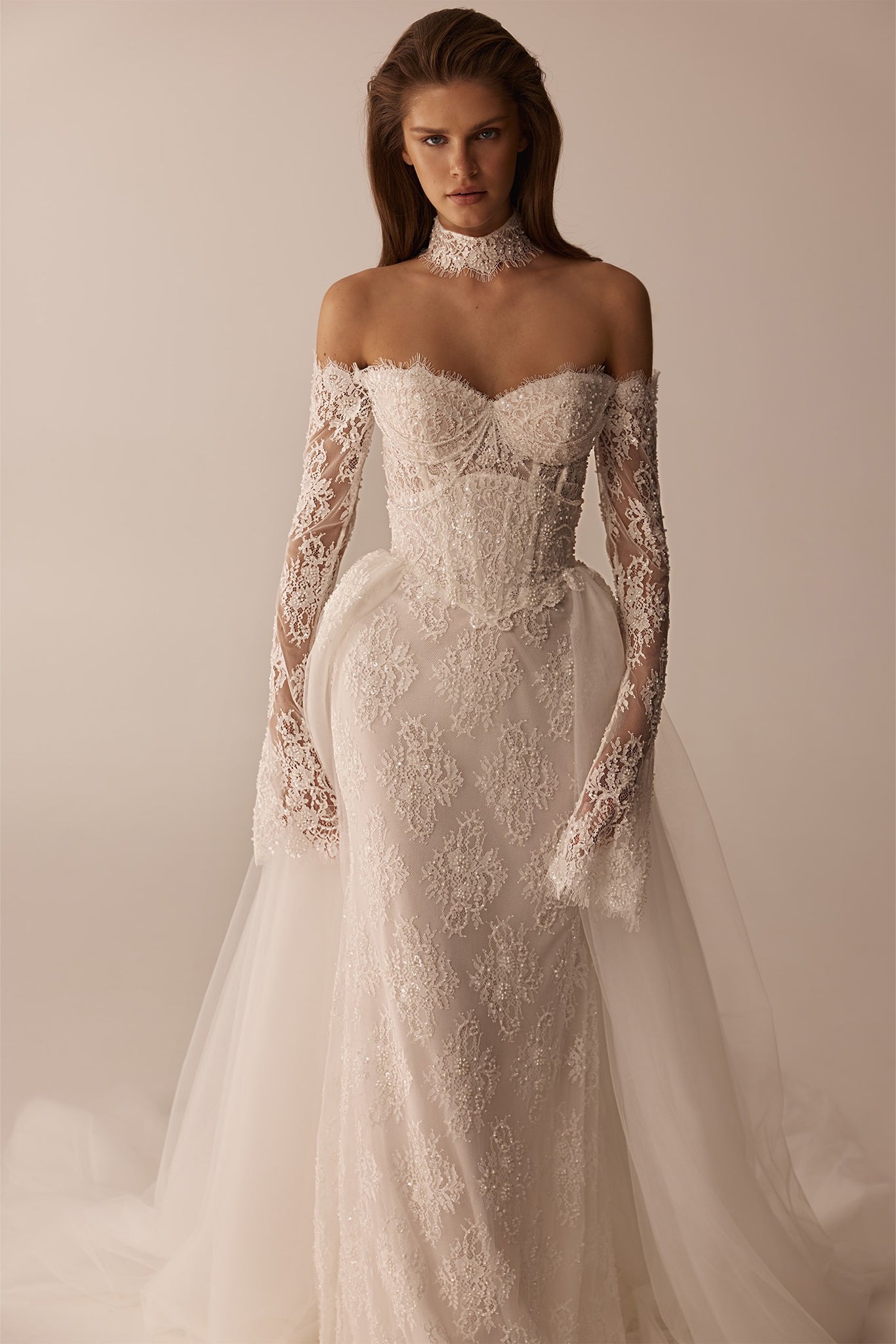 Off the shoulder lace wedding dress with long sleeves and a high lace choker neckline