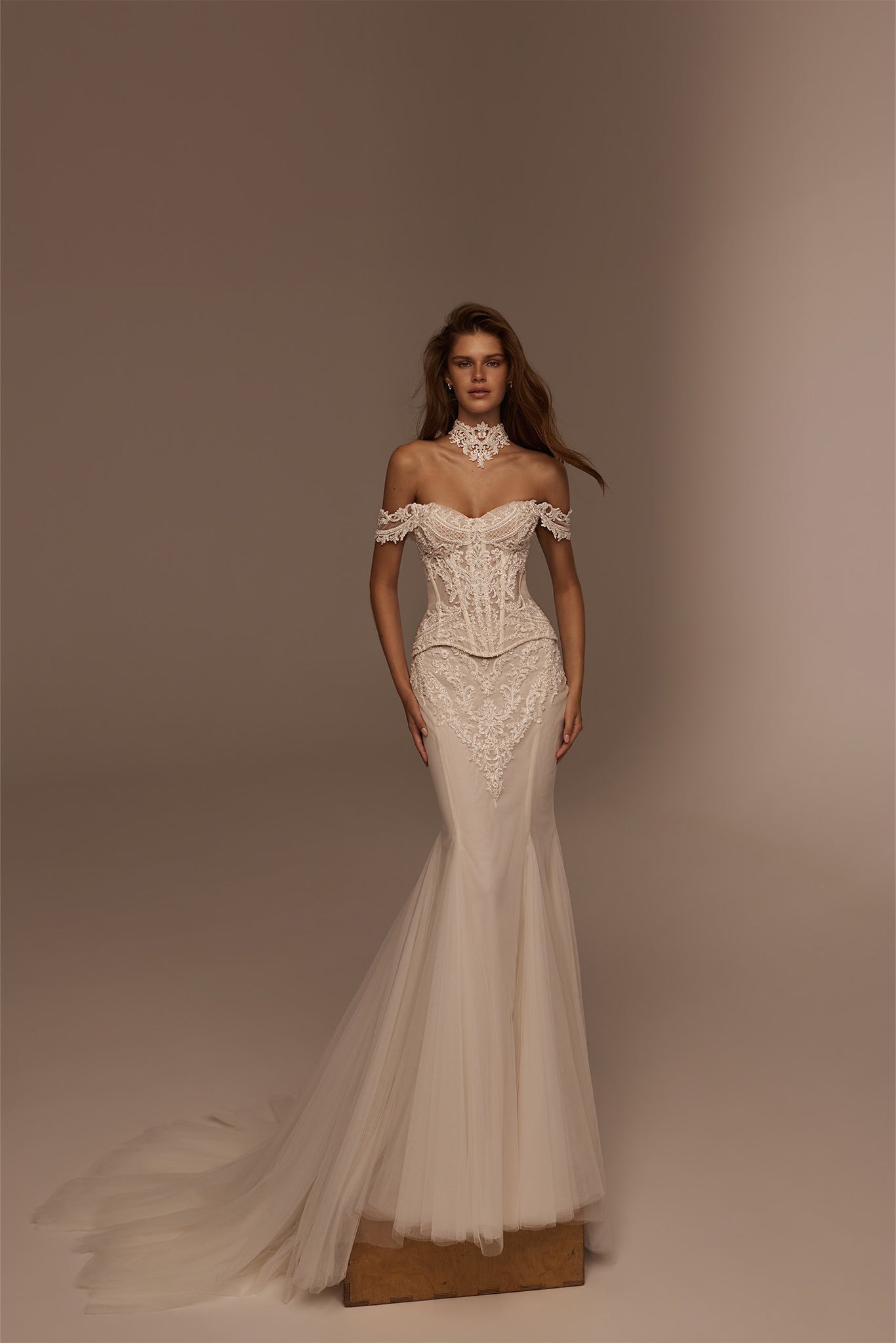 Model wearing an off the shoulder corset wedding dress with lace detailing and a choker